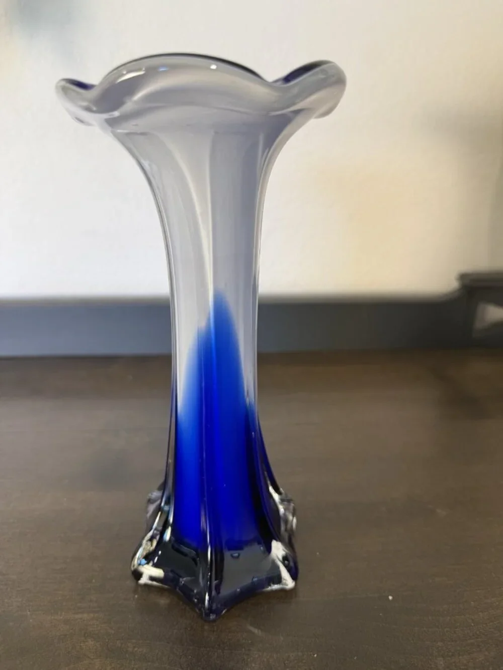 Vintage MCM Colbalt Blue & Opal Fade White Hand Blown Art Glass Trumpet Vase  8